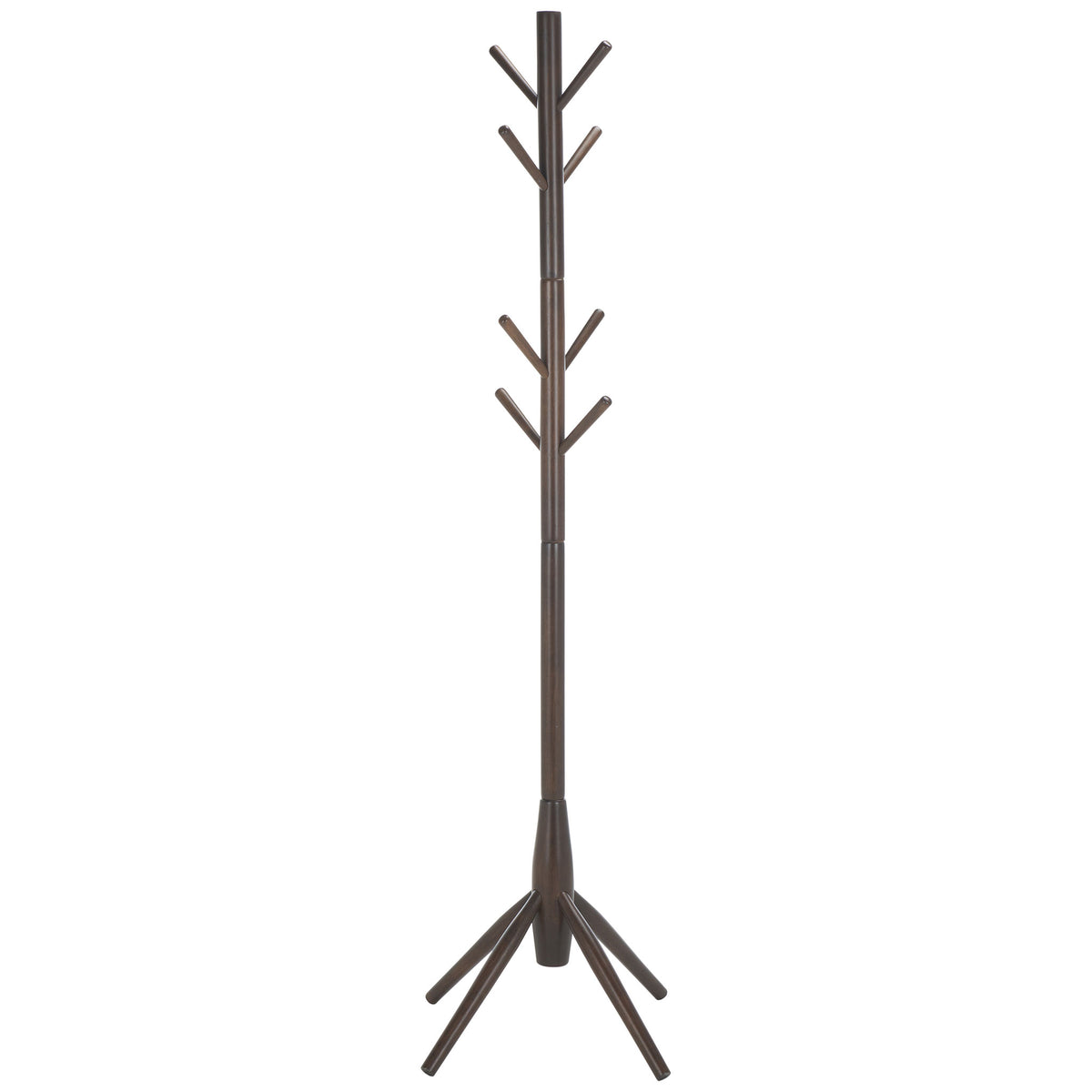Tiered wooden hooks rise above a slim dark walnut post and angled base || STG8500B || side_studio