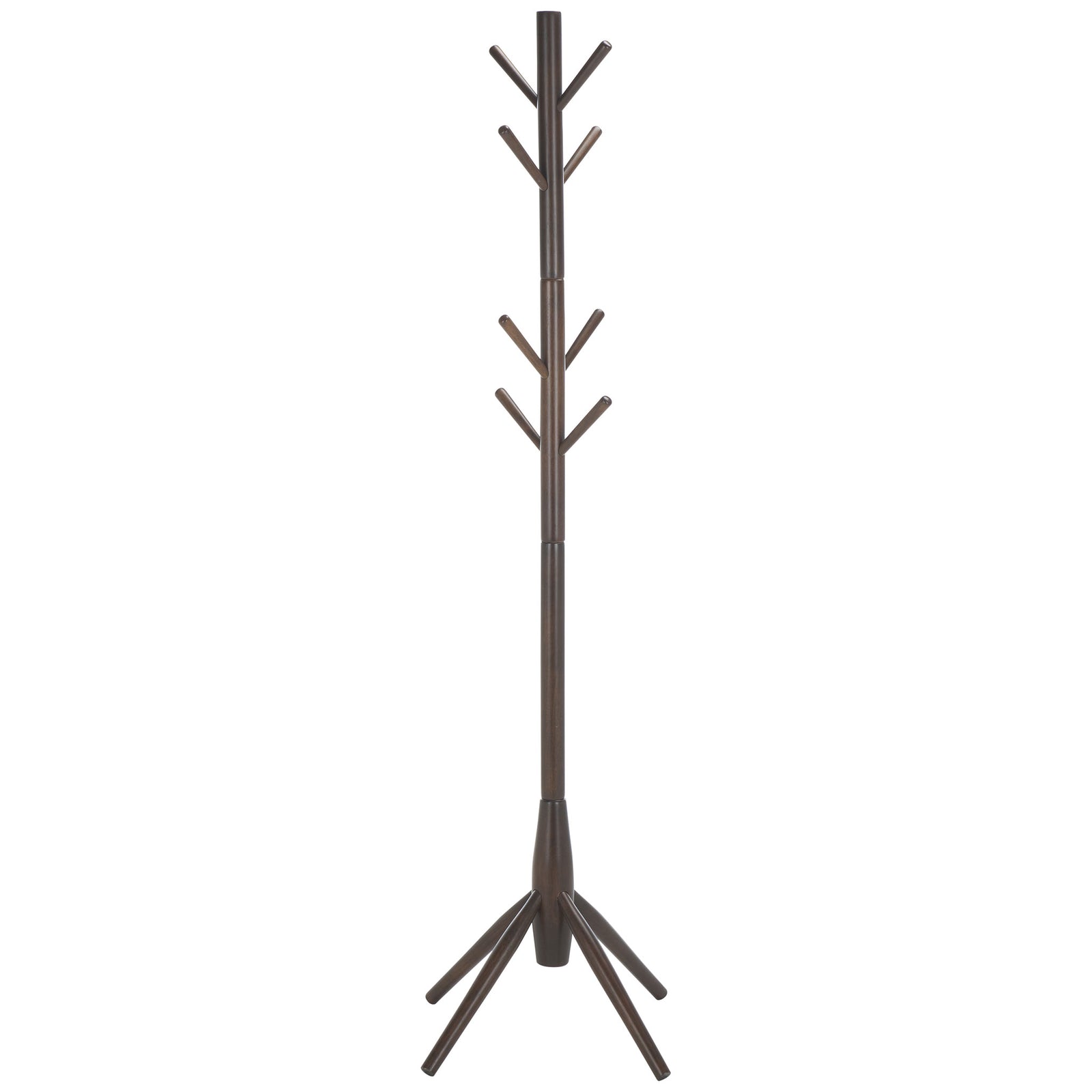 Tiered wooden hooks rise above a slim dark walnut post and angled base || STG8500B || side_studio
