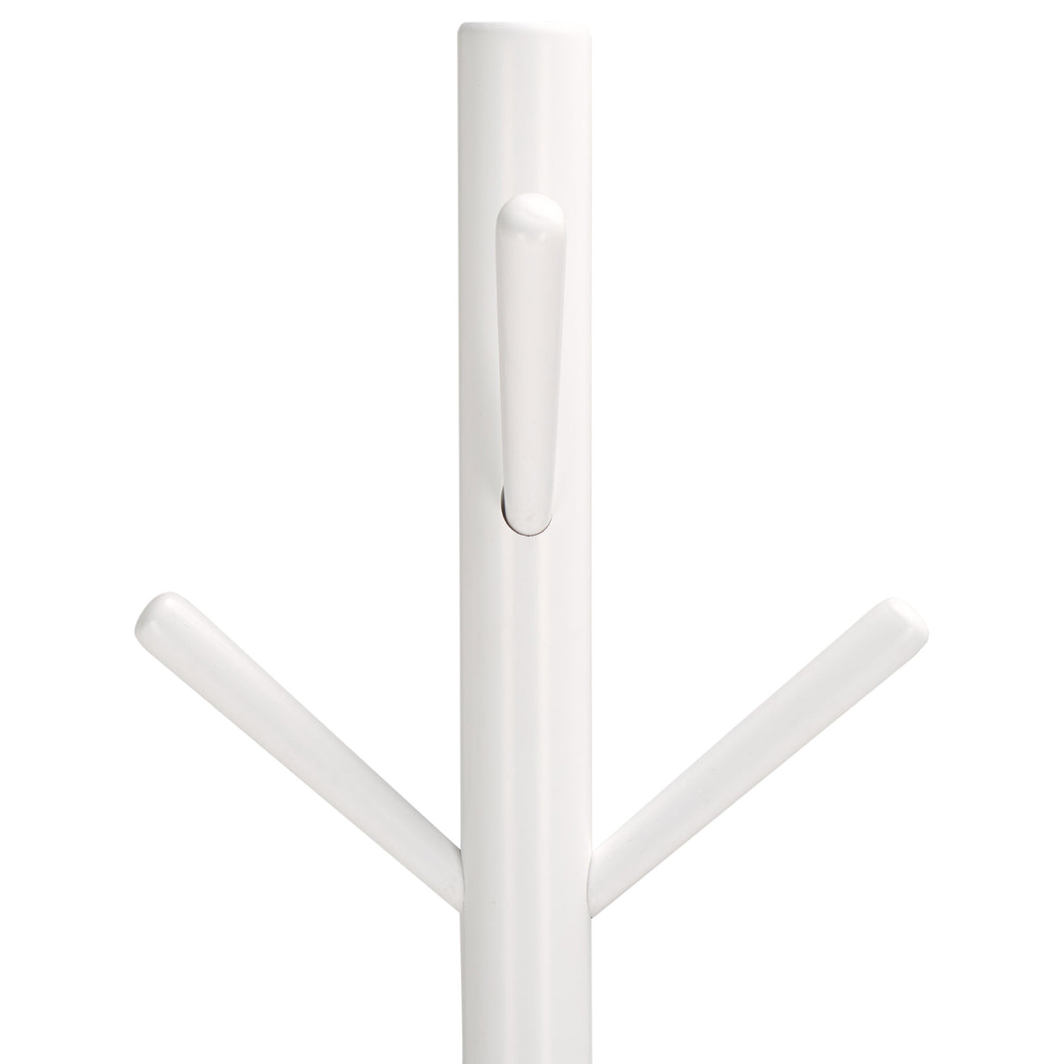 Whitewashed wooden hooks angle upward from the coat stand's smooth central post || STG8500C || detail_studio