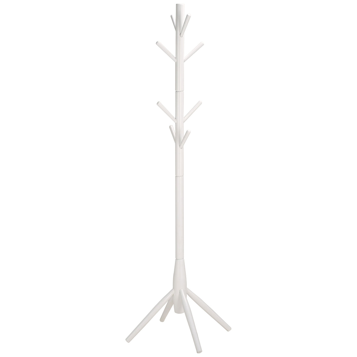 Whitewashed wood coat stand features tiered hooks and a splayed base || STG8500C || front_studio