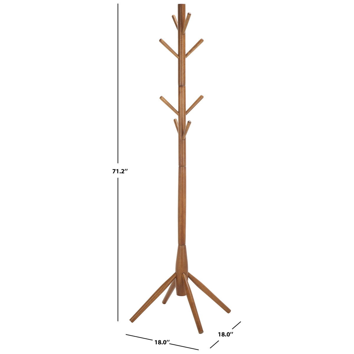 Honey wood coat stand measures 18 inches wide and deep and 71.2 inches tall || STG8500D || dimension_studio