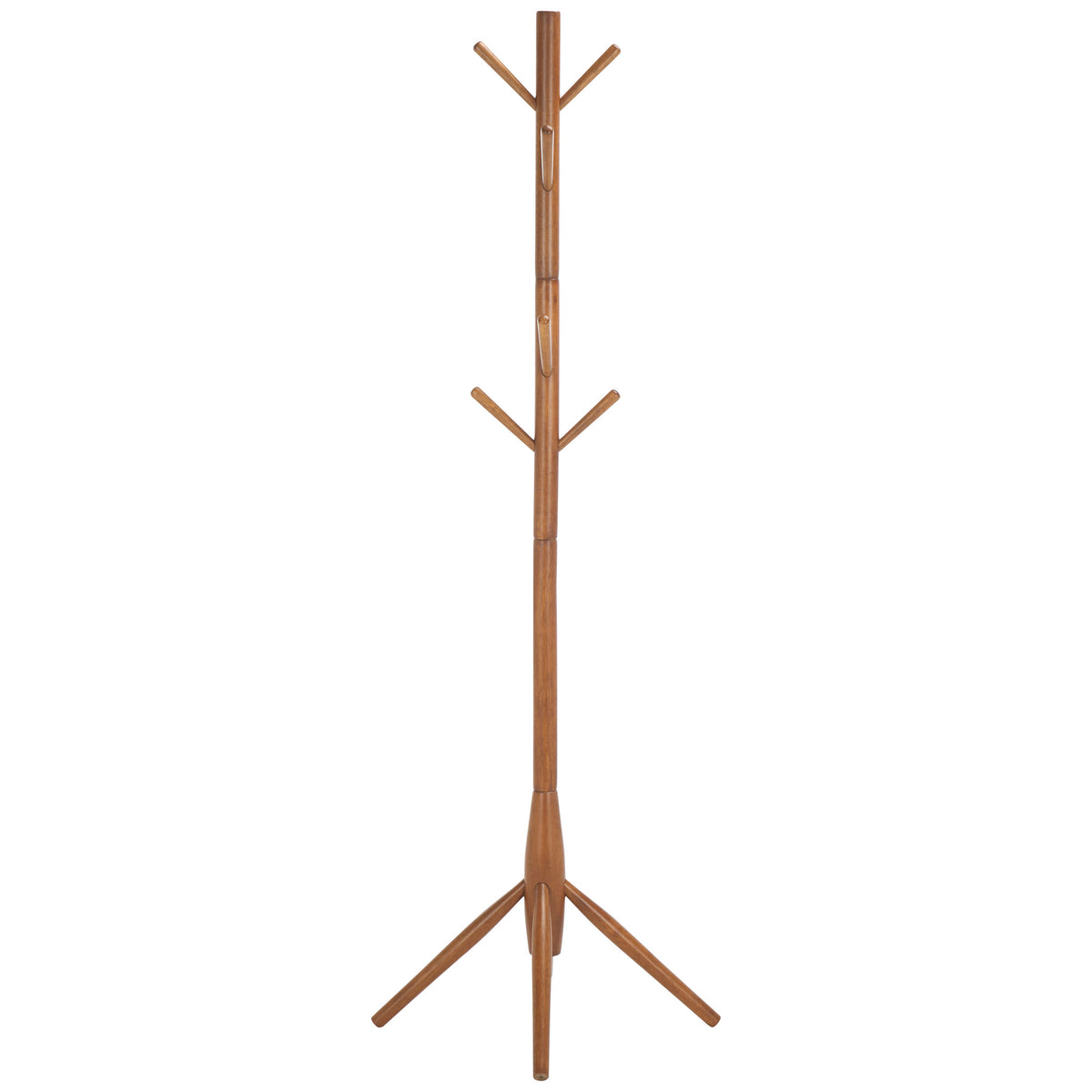 Honey wood coat stand pairs rounded hanging hooks with clean, angled support legs || STG8500D || side_studio