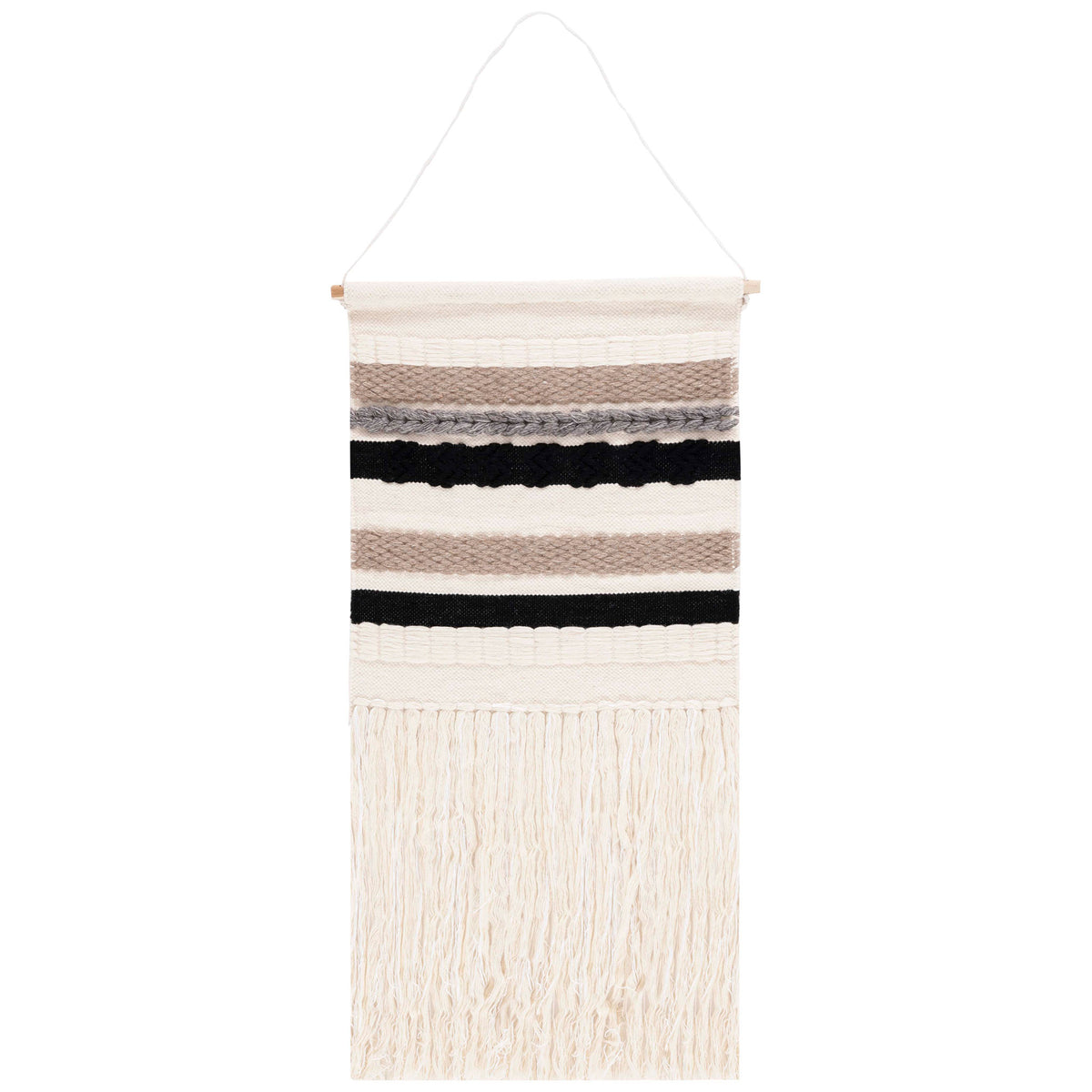 Ivory wool tapestry pairs textured black and taupe horizontal bands with long, soft ivory fringe. || SWA121Z-2 || front_studio