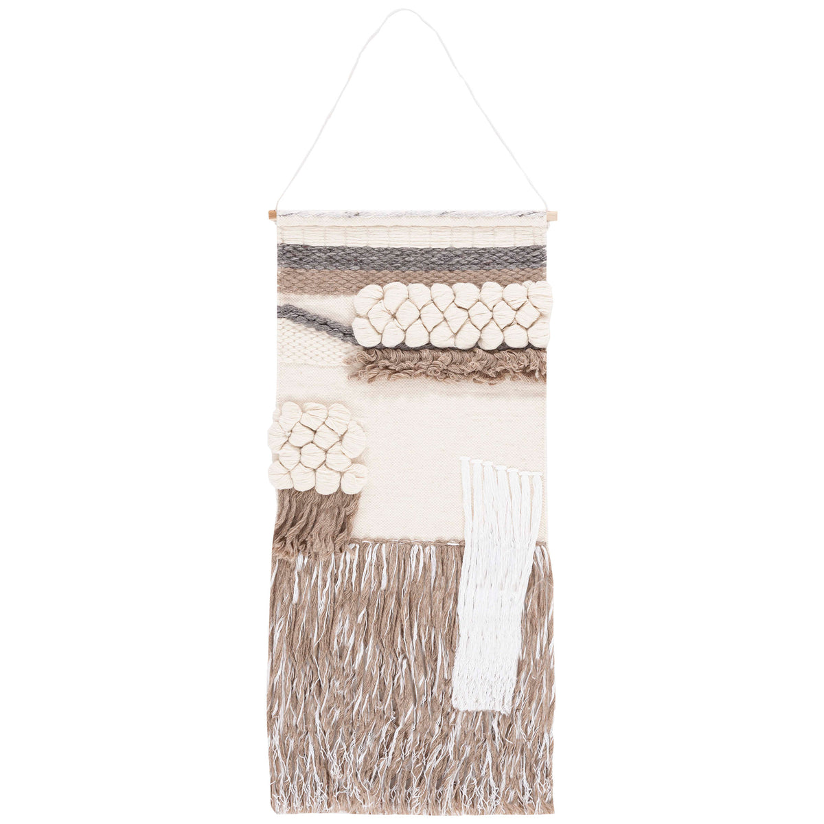 Woven ivory wall hanging contrasts plush wool tufts with brown bands and long, two-tone fringe. || SWA122T-2 || front_studio