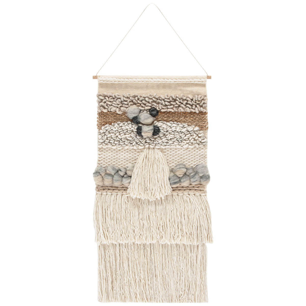 Chunky ivory weaving meets gray pom-poms and a central tassel above tiers of flowing fringe. || SWA144-2 || front_studio