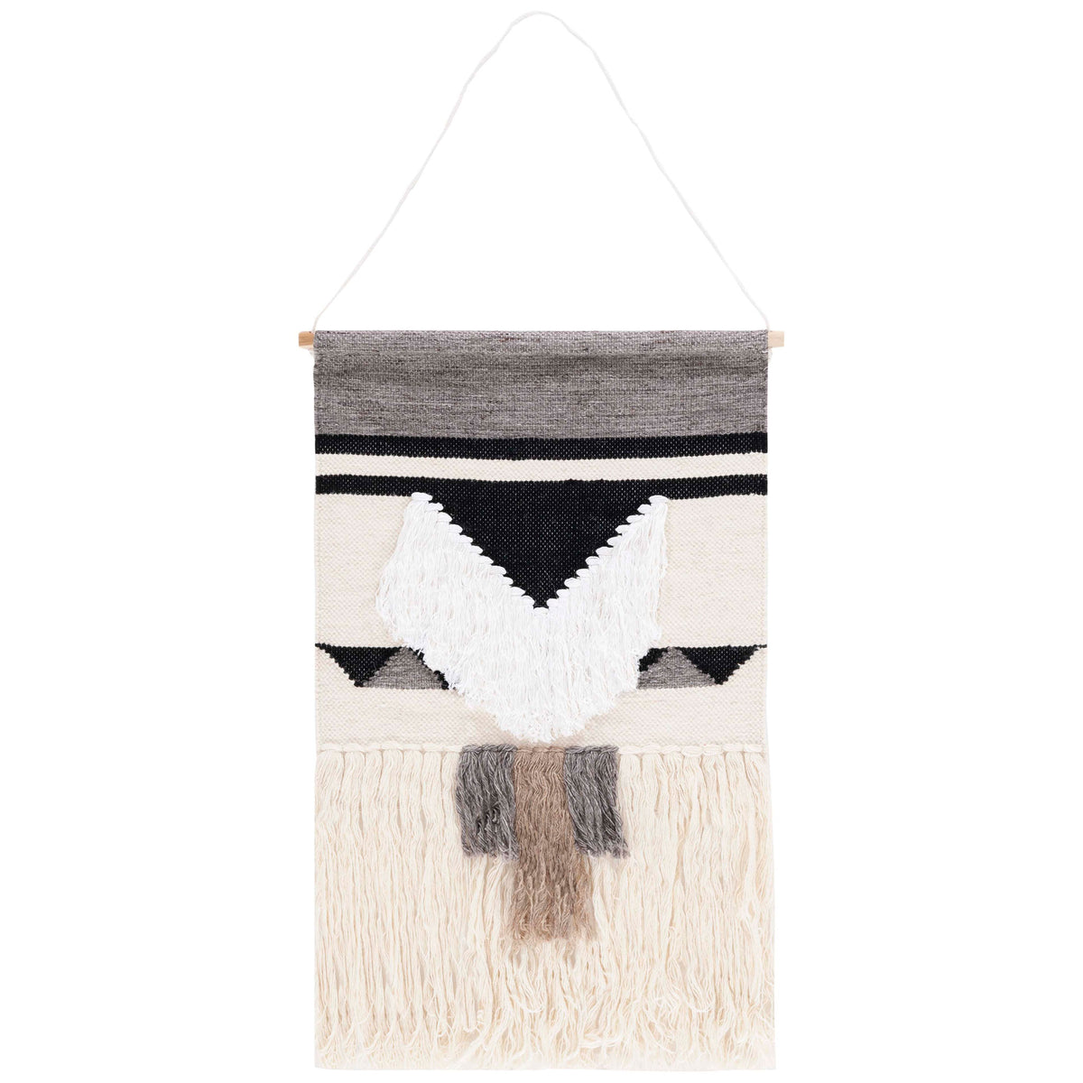 Ivory wall tapestry contrasts black angular motifs with layered cream fringe and dark center tassels. || SWA145Z-2 || front_studio