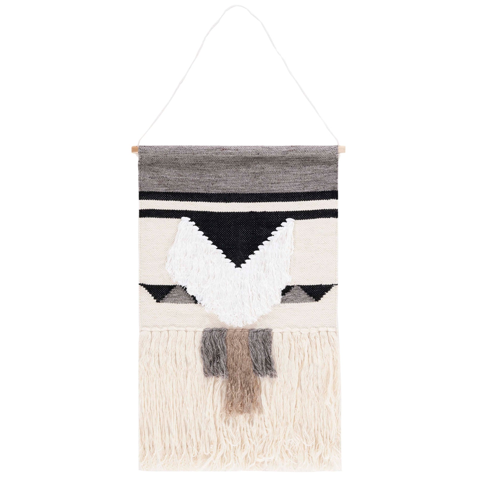 Ivory wall tapestry contrasts black angular motifs with layered cream fringe and dark center tassels. || SWA145Z-2 || front_studio