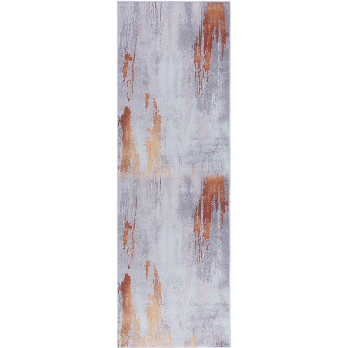 Abstract gray runner with painterly rust accents and a sleek, low-profile design. || TAC801P-28 || top_studio