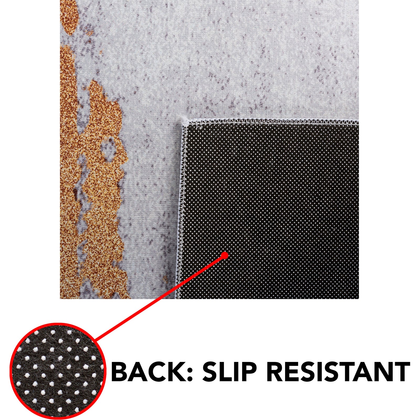 Non-slip dotted backing keeps the rug securely in place || TAC801P-5 || callout_studio