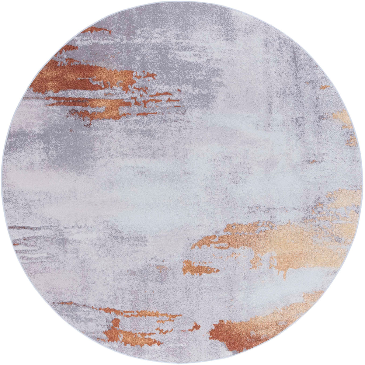 Round gray and rust abstract rug with soft, low-profile pile. || TAC801P-6R || top_studio