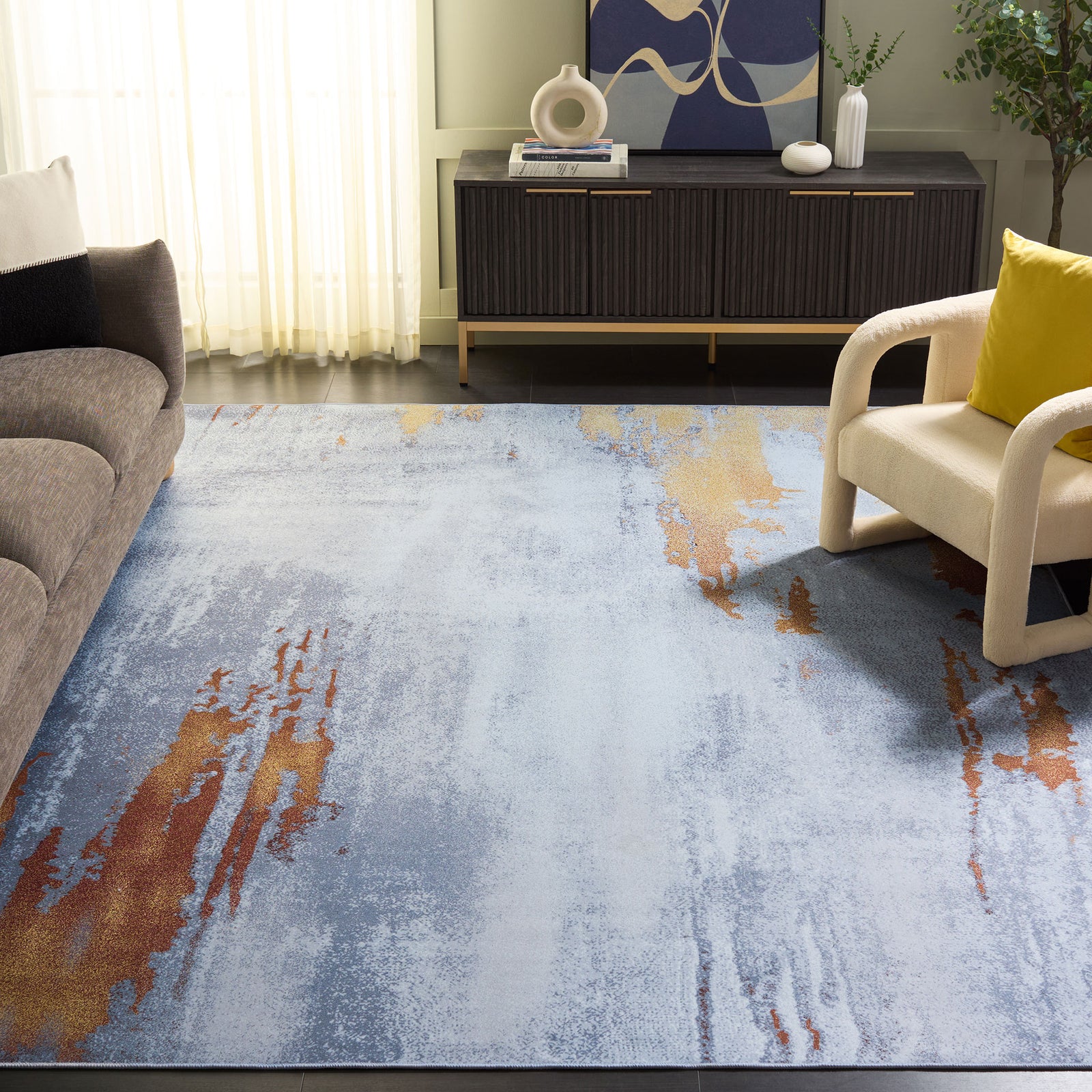 Gray and rust rug adds modern warmth with painterly streaks and a sleek, low pile || TAC801P-8 || front_angle_room