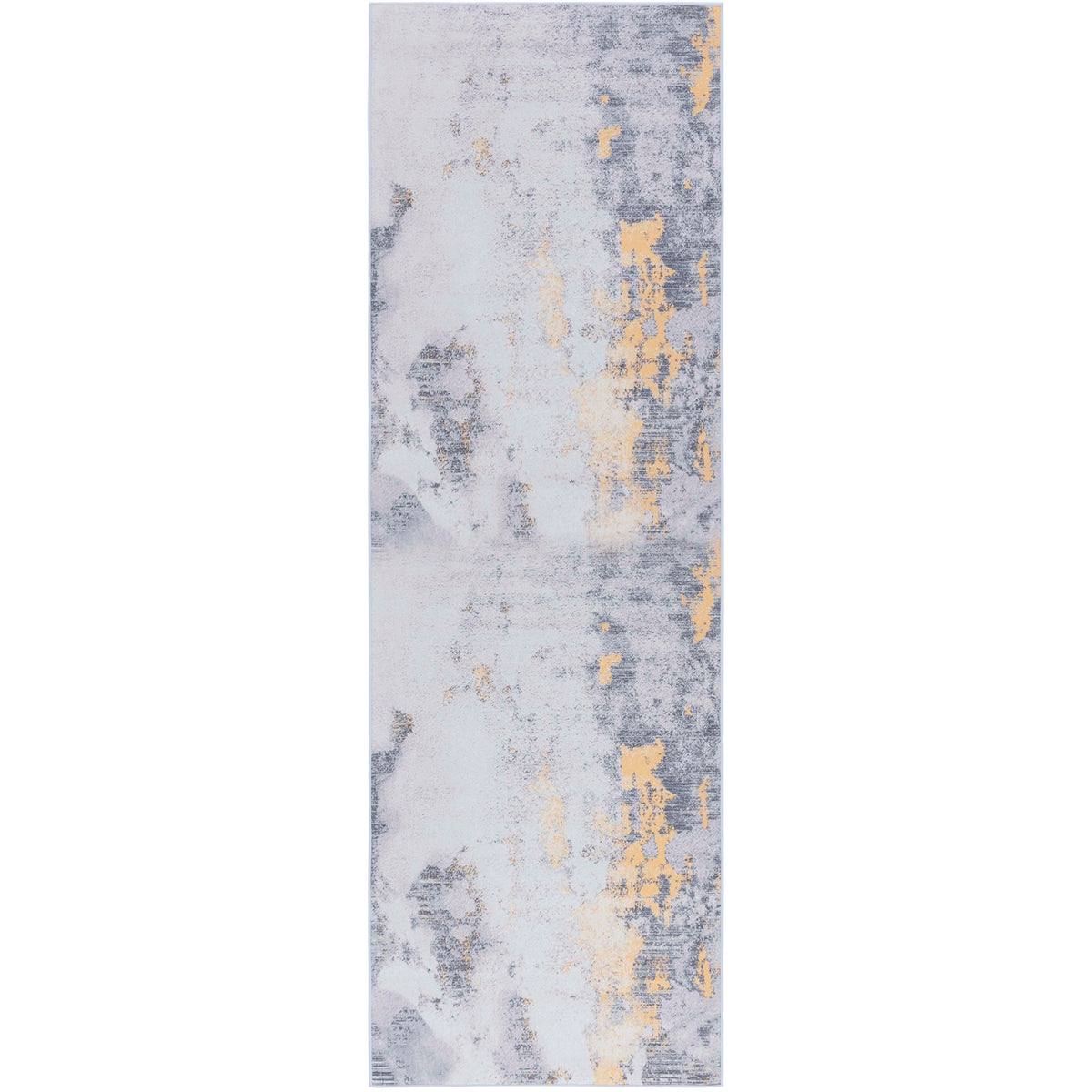 Modern gray and gold runner rug with distressed abstract pattern and streaked accents || TAC803F-28 || top_studio