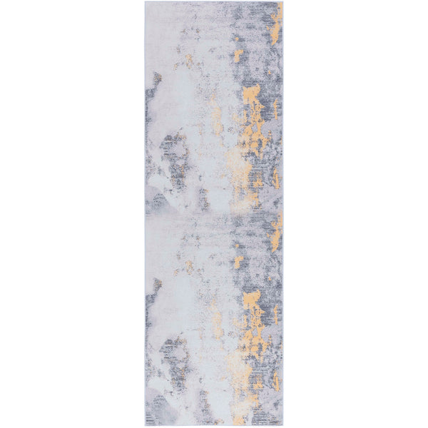 Modern gray and gold runner rug with distressed abstract pattern and streaked accents || TAC803F-28 || top_studio