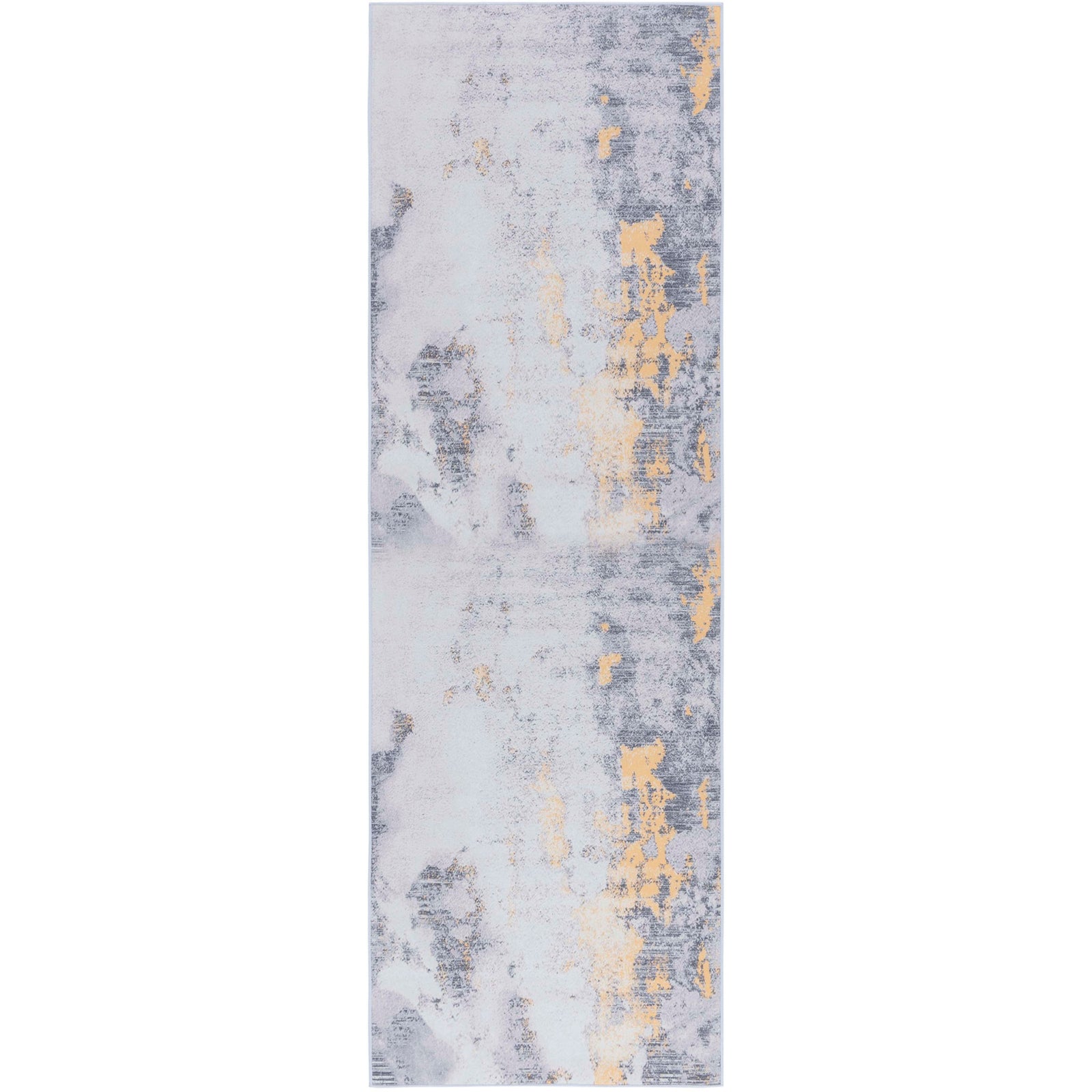 Modern gray and gold runner rug with distressed abstract pattern and streaked accents || TAC803F-28 || top_studio