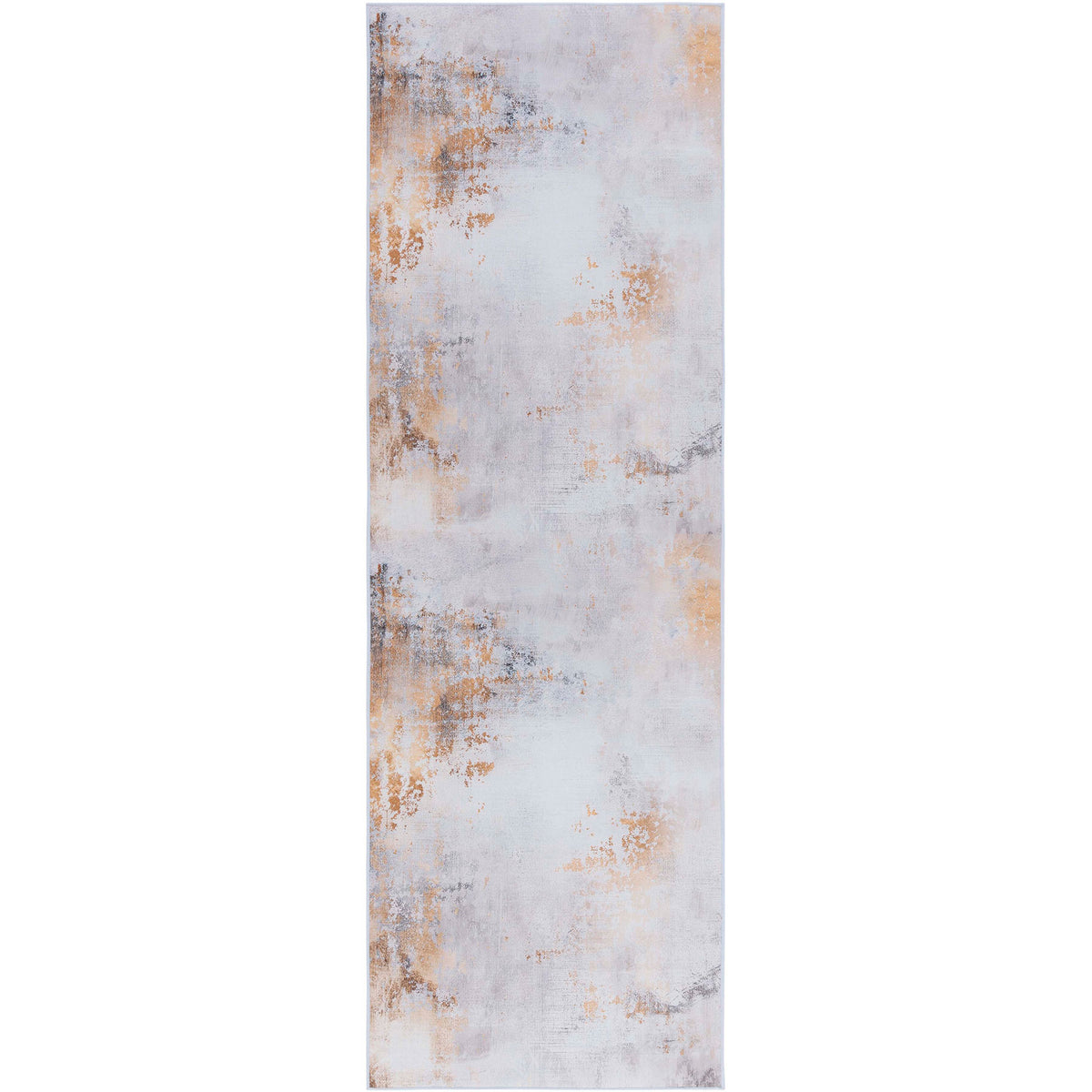 Smoky gray and gold abstract runner rug with painterly washes and a sleek, low-profile look. || TAC805F-28 || top_studio