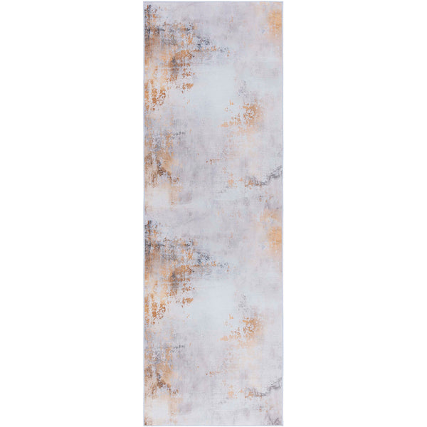 Smoky gray and gold abstract runner rug with painterly washes and a sleek, low-profile look. || TAC805F-28 || top_studio