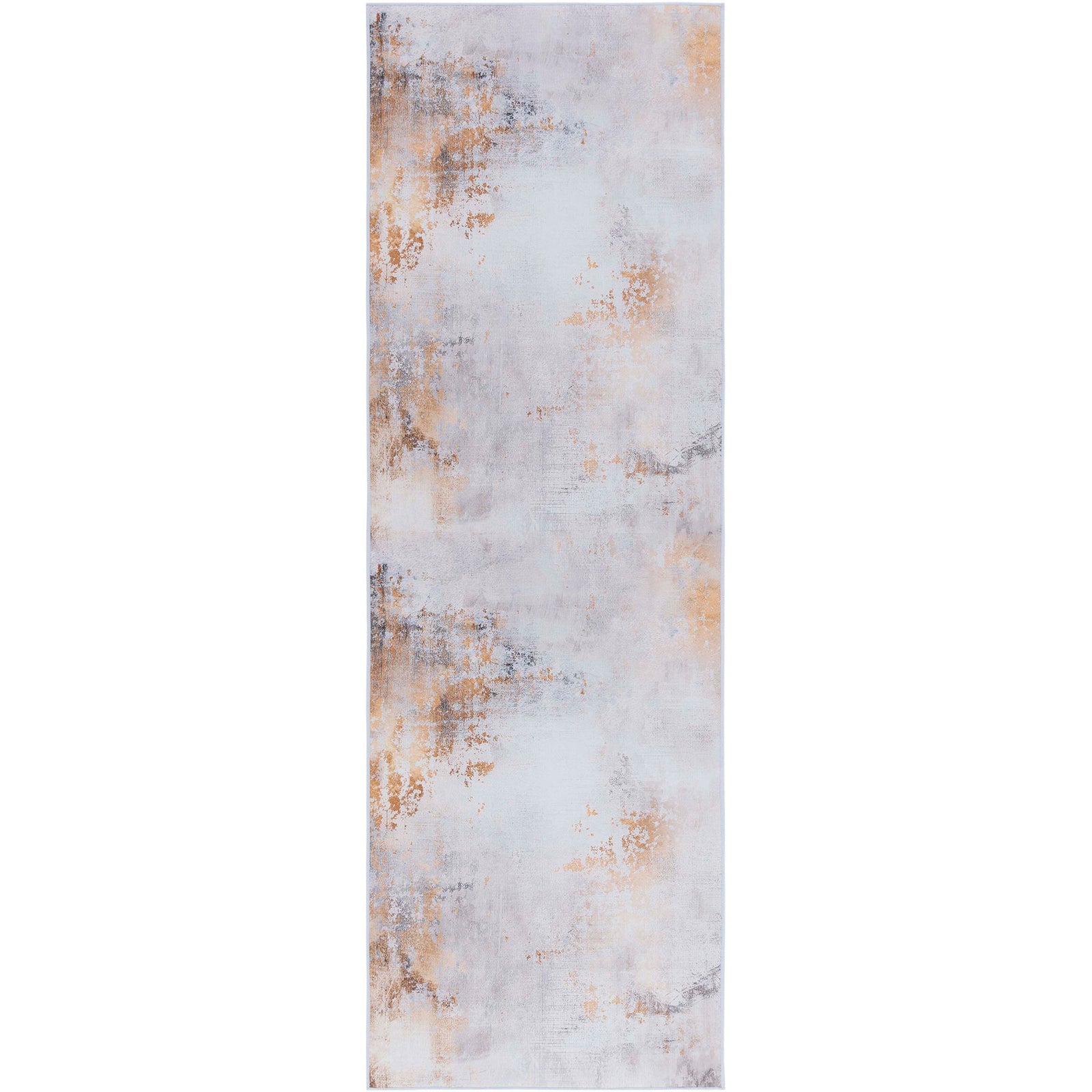 Smoky gray and gold abstract runner rug with painterly washes and a sleek, low-profile look. || TAC805F-28 || top_studio