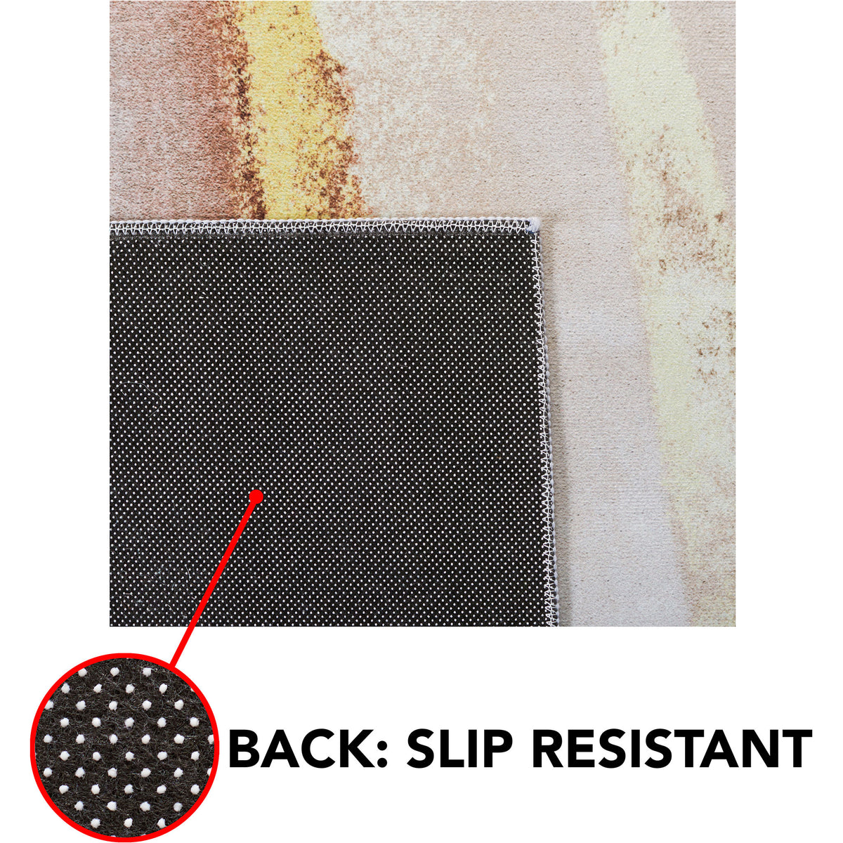 Slip-resistant dot backing keeps the abstract beige and gold rug securely in place. || TAC807B-5 || callout_studio