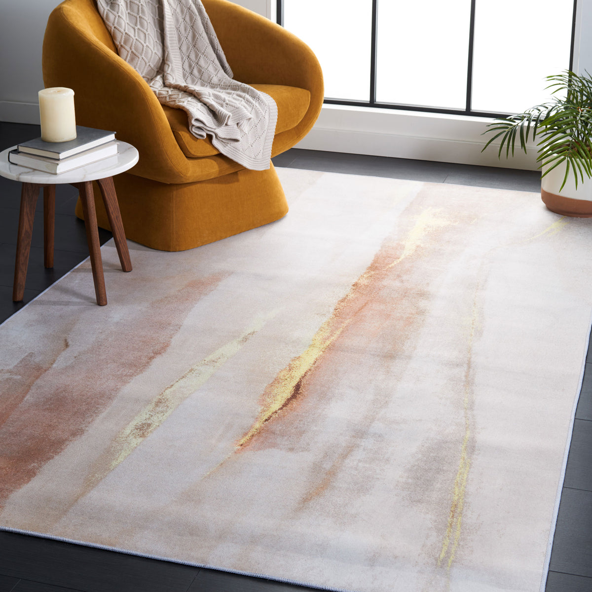 Abstract beige and gold rug adds warmth and modern style to your space. || TAC807B-5 || top_room