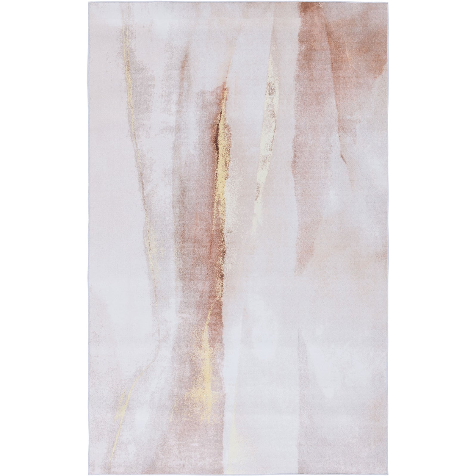 Abstract beige and gold rug with fluid painterly streaks on a soft, low-profile surface. || TAC807B-5 || top_studio