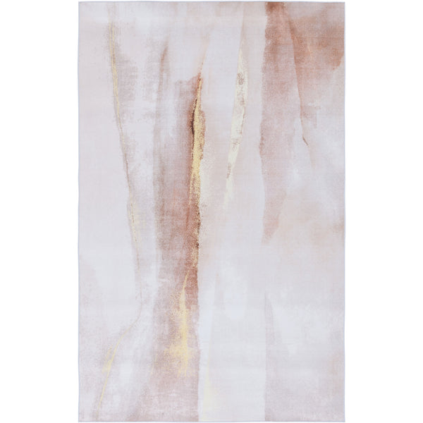 Abstract beige and gold rug with fluid painterly streaks on a soft, low-profile surface. || TAC807B-5 || top_studio