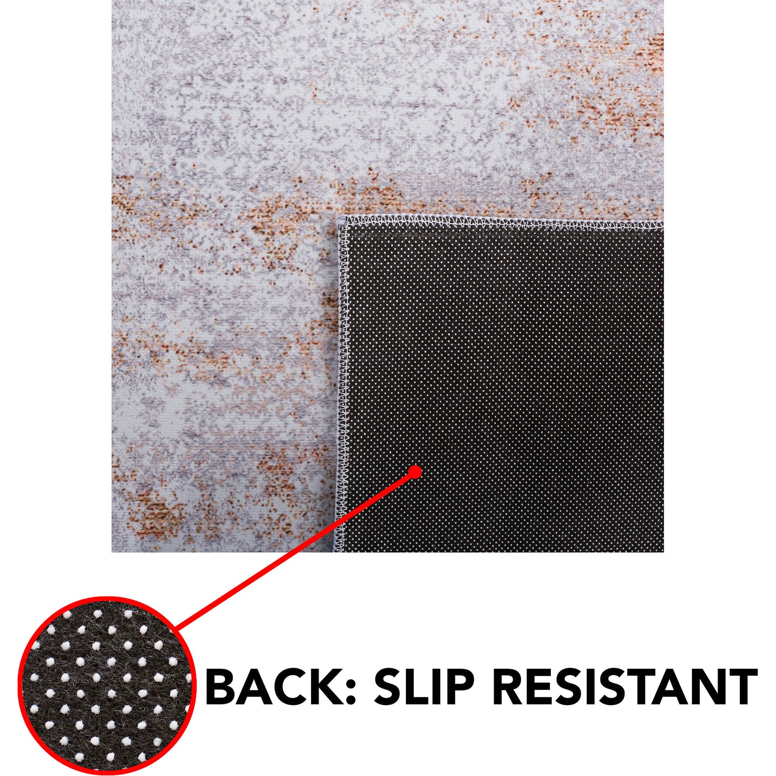 Non-slip dotted backing helps keep the rug in place on hard floors || TAC808P-5 || callout_studio