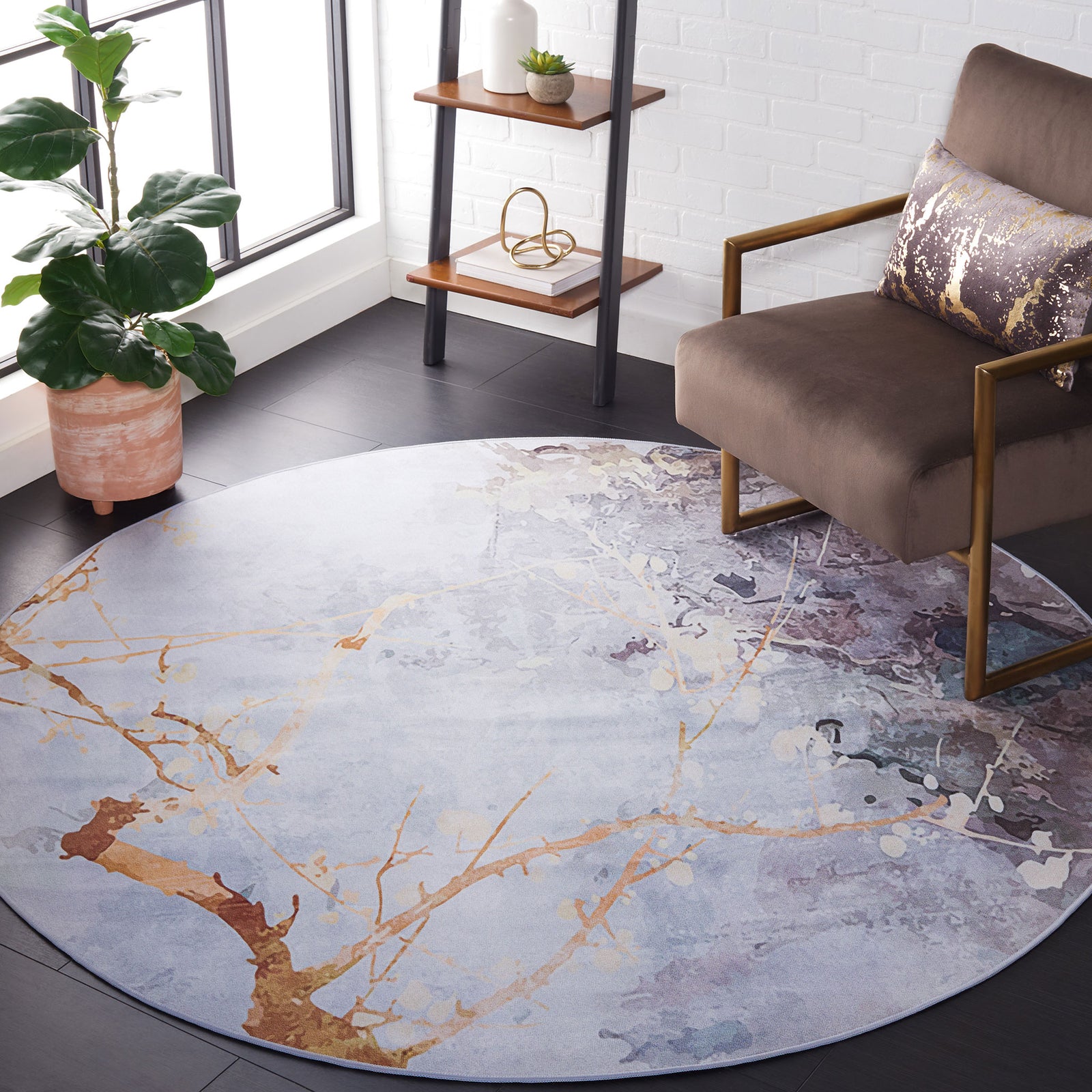 Modern round rug in a watercolor blend of gray and beige with branch-like accents || TAC811F-6R || top_room