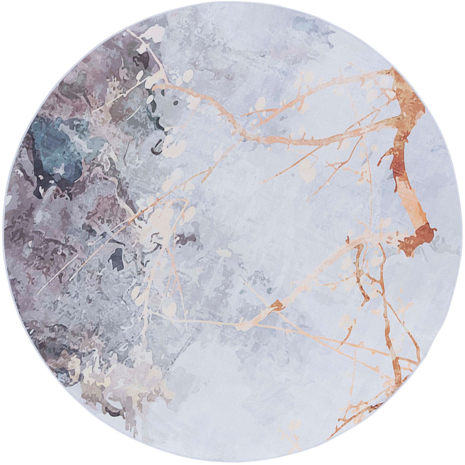 Round rug with abstract gray and beige design traced with warm gold-toned lines || TAC811F-6R || top_studio