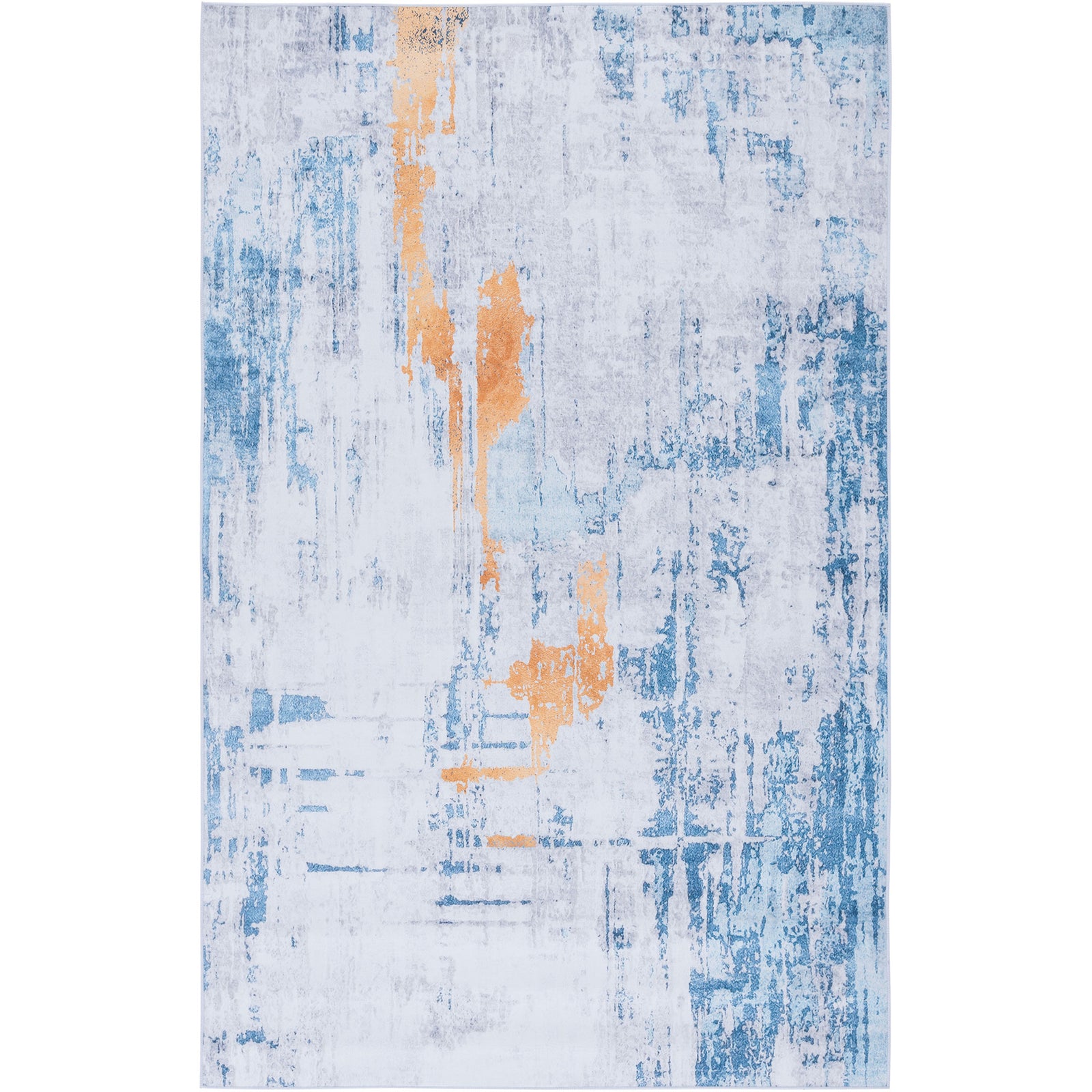 Abstract gray and blue area rug with bold orange streaks and neatly serged edges. || TAC812F-5 || top_studio