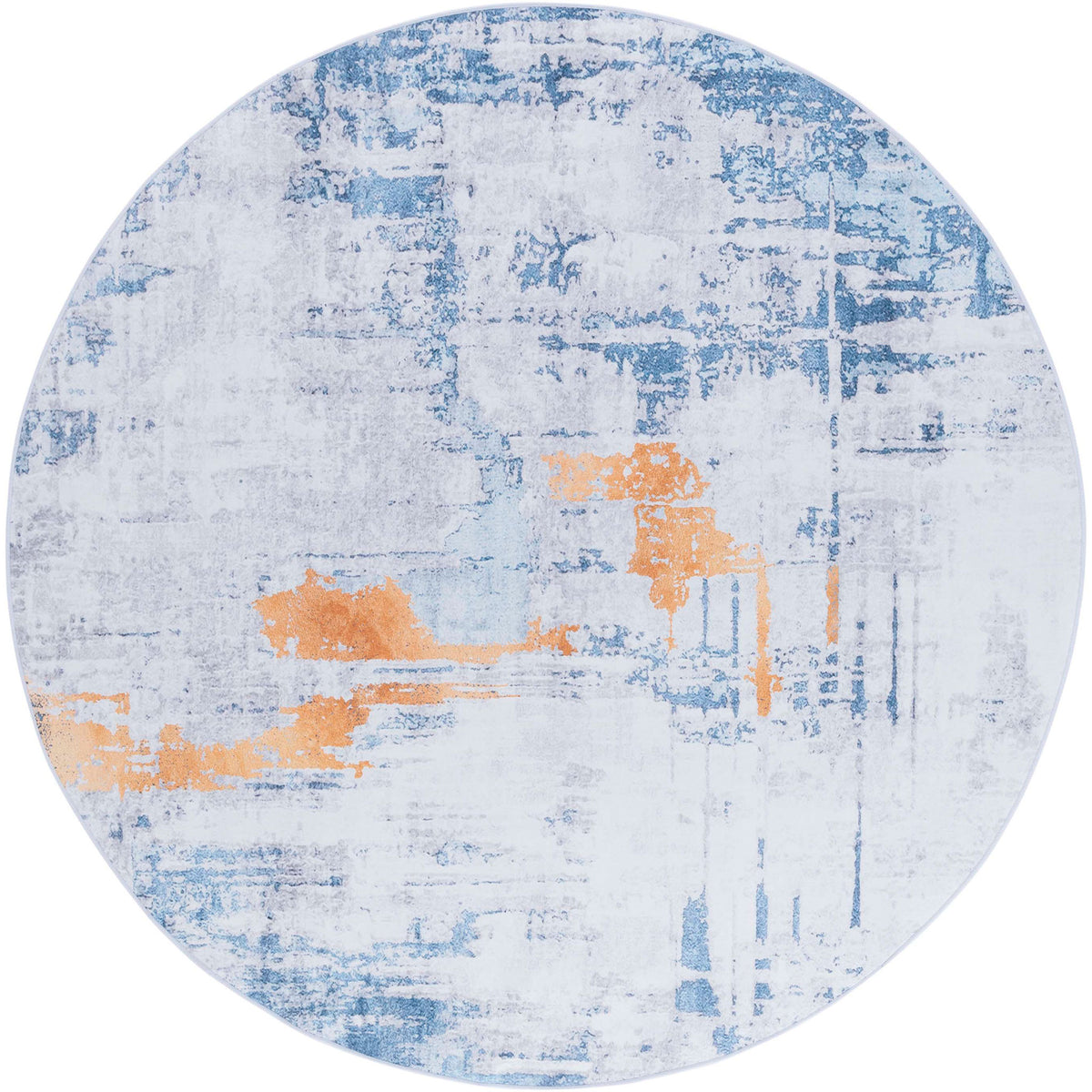 Round rug with abstract gray and blue design and bold gold accents in a modern, distressed look || TAC812F-6R || top_studio