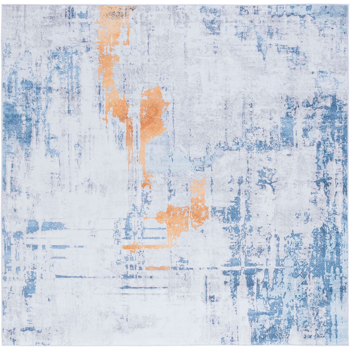 Abstract gray and blue area rug with bold orange streaks and neatly serged edges. || TAC812F-5 || top_studio