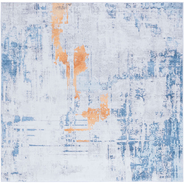 Square abstract rug in gray and blue with vibrant orange accents and a smooth, low-profile surface. || TAC812F-6SQ || top_studio