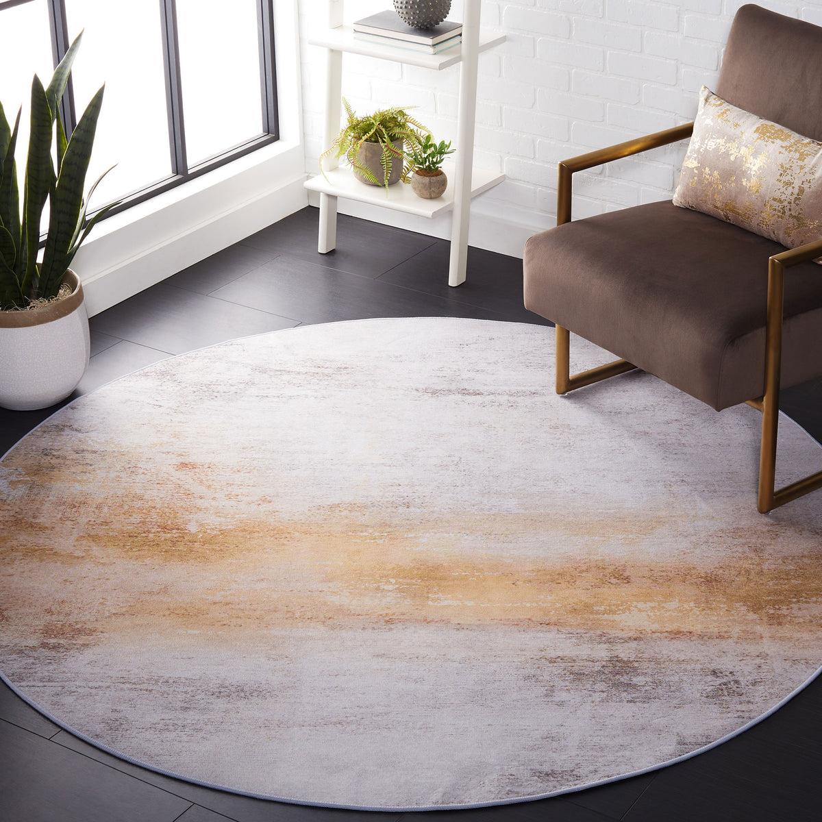 Round gray and rust abstract rug brings soft, modern texture to your living space || TAC813F-6R || top_angle_room