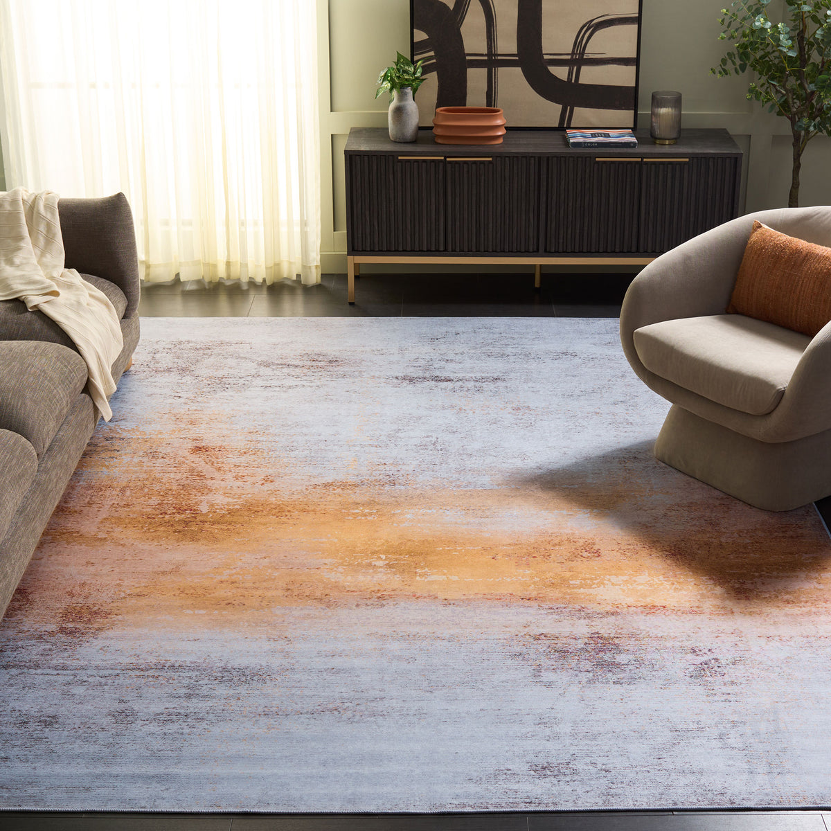 Modern abstract rug in gray and rust brings cozy warmth to the living room decor || TAC813F-8 || front_angle_room