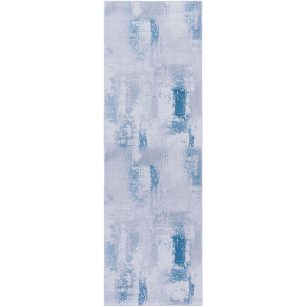 Abstract gray and blue runner rug with a modern block pattern and low-profile pile || TAC814F-28 || top_studio