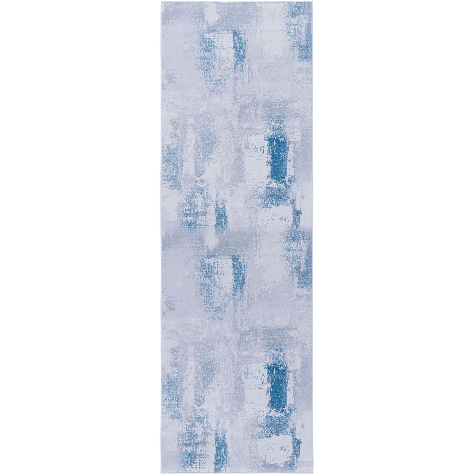 Abstract gray and blue runner rug with a modern block pattern and low-profile pile || TAC814F-28 || top_studio
