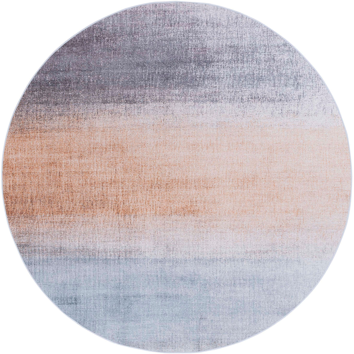 Round ombre rug blends soft gray, rust, and blue tones with a smooth, low-profile finish. || TAC816F-6R || top_studio