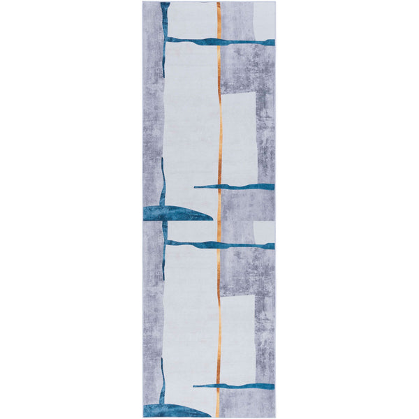 Abstract gray runner rug with teal blocks and a golden accent stripe for a bold, modern look || TAC820F-28 || top_studio