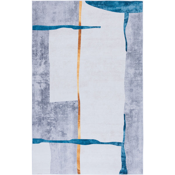 Abstract gray rug with teal and gold accents adds modern flair in a low-profile, machine-washable design || TAC820F-5 || top_studio