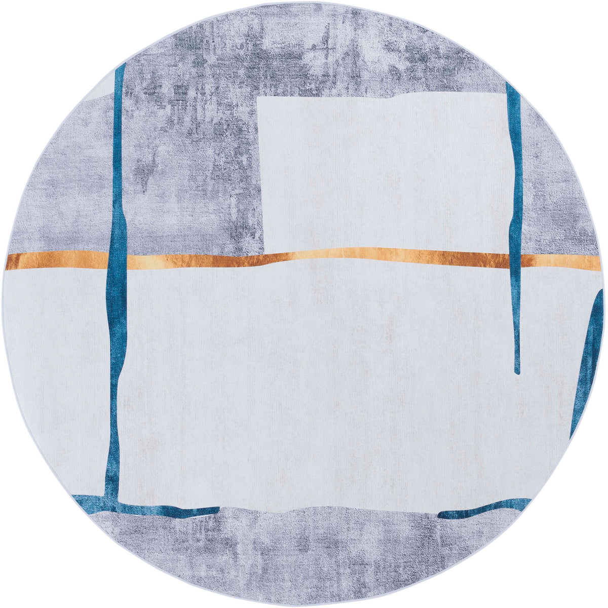 Round rug with abstract gray blocks accented by teal lines and a bold gold stripe || TAC820F-6R || top_studio