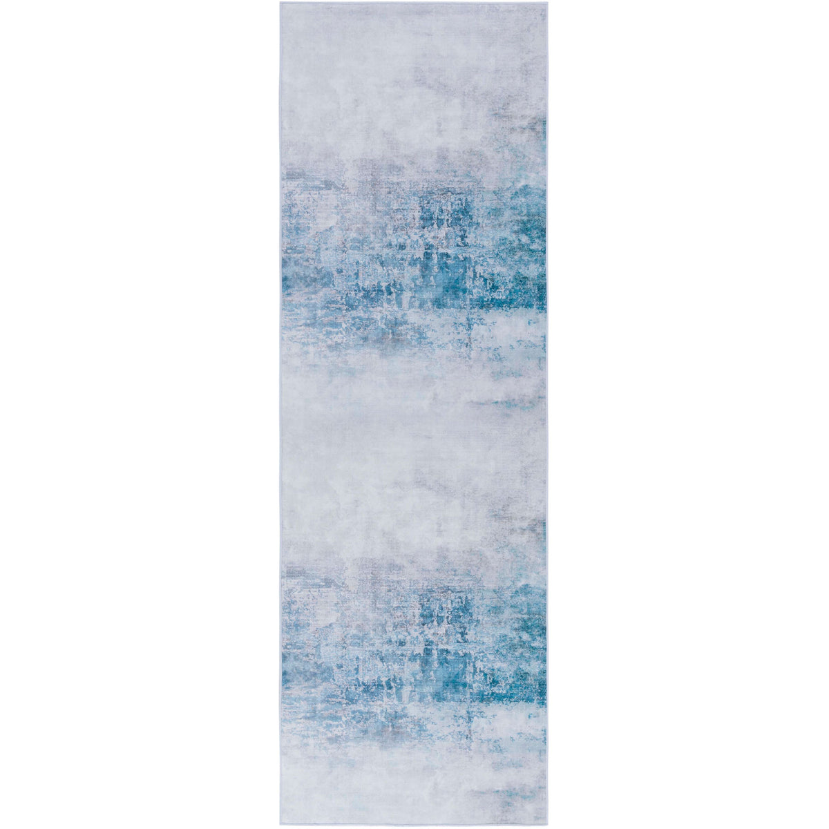 Gray and blue abstract runner rug with a soft, watercolor-like pattern || TAC833F-28 || top_studio