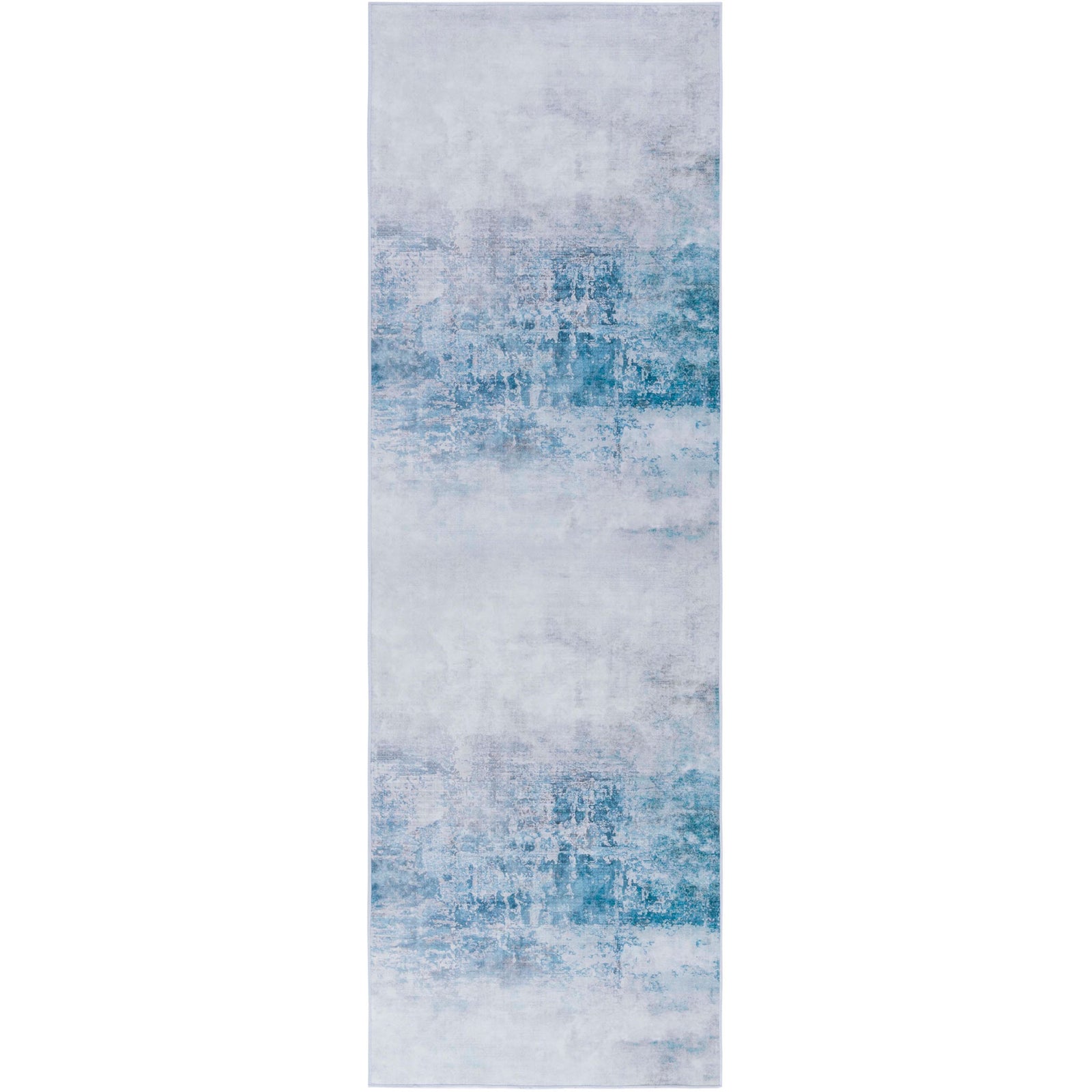 Gray and blue abstract runner rug with a soft, watercolor-like pattern || TAC833F-28 || top_studio