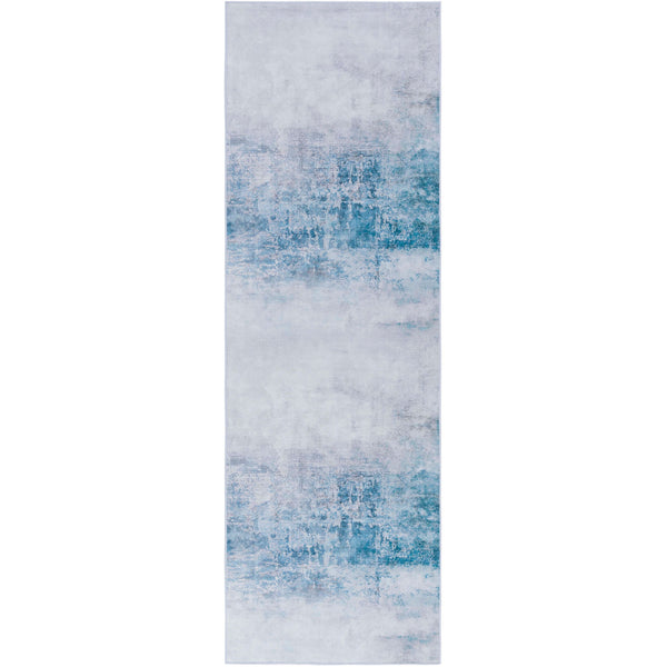 Gray and blue abstract runner rug with a soft, watercolor-like pattern || TAC833F-28 || top_studio