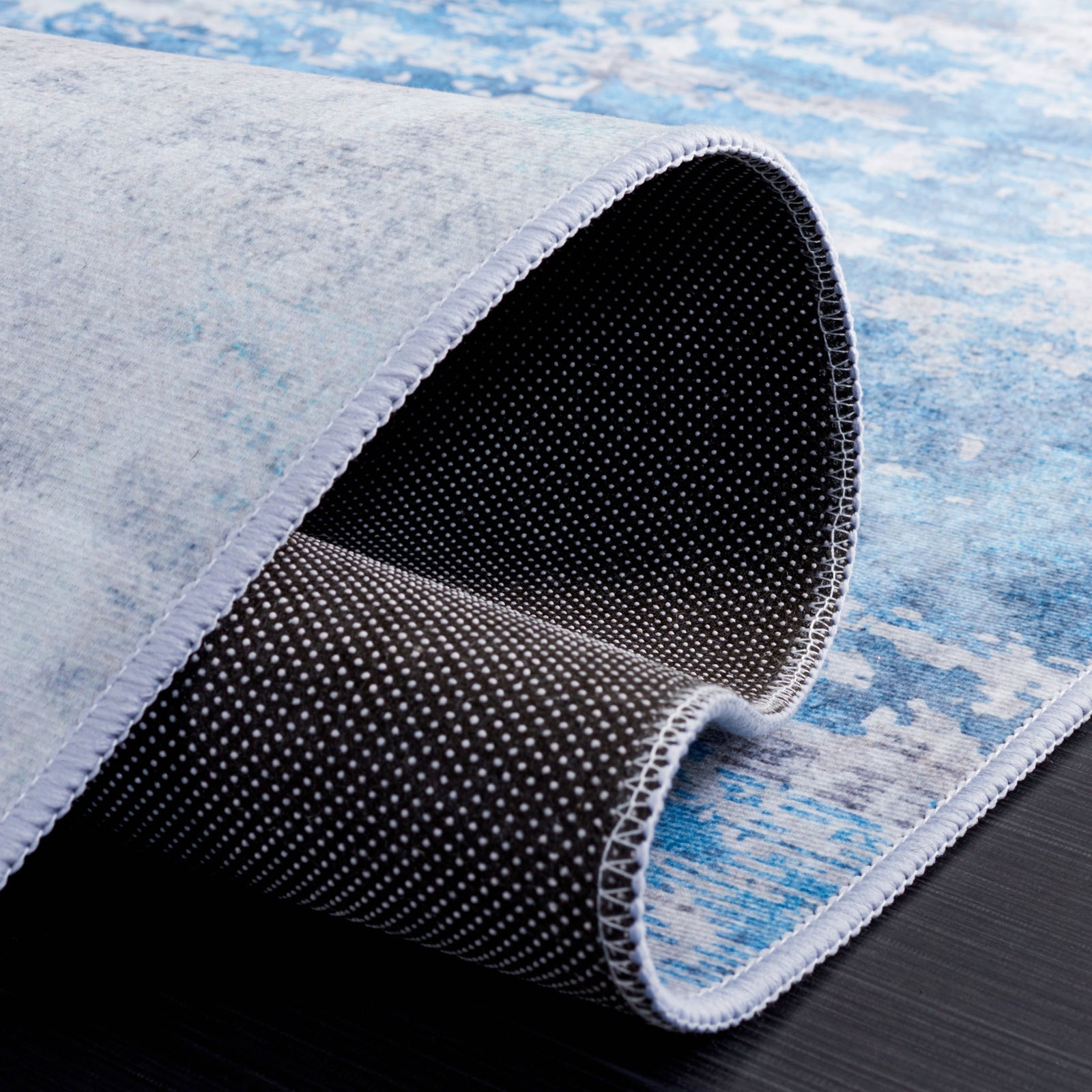 Abstract gray and blue washable rug with ocean-inspired gradient and crisp serged edges || TAC833F-5 || top_studio