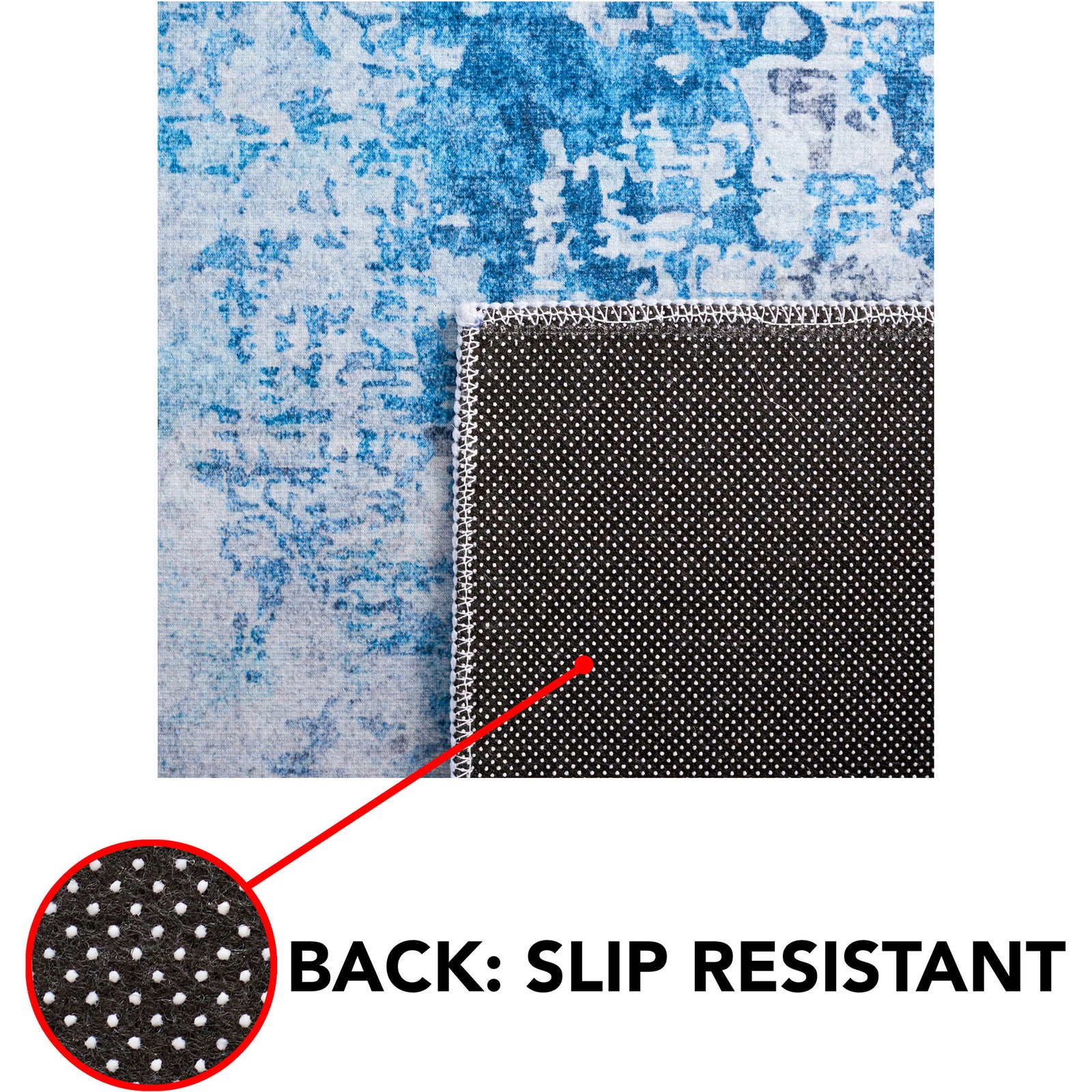 Non-slip dotted backing provides secure grip beneath the modern gray and blue abstract rug || TAC833F-5 || callout_studio