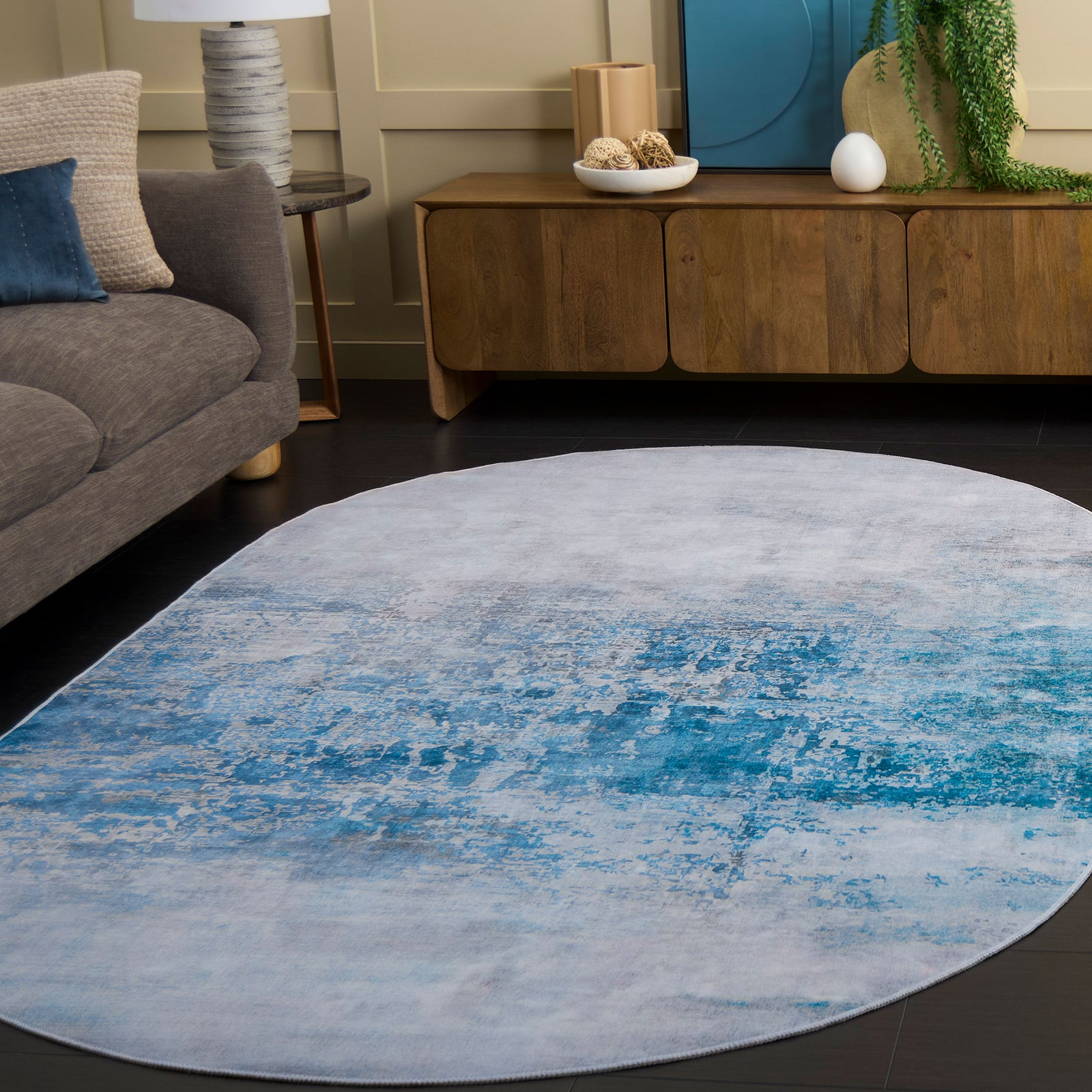 Oval abstract rug with soothing gray and blue palette adds a calm, contemporary touch || TAC833F-5OV || top_room