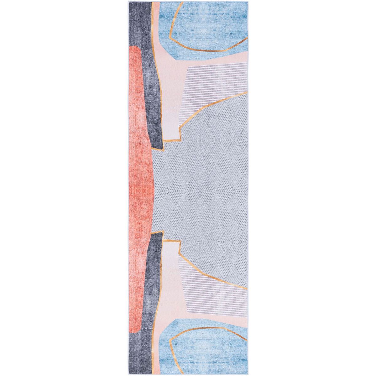 Modern geometric runner with blue and beige blocks, coral accents, and a textured lattice center. || TAC834B-28 || top_studio
