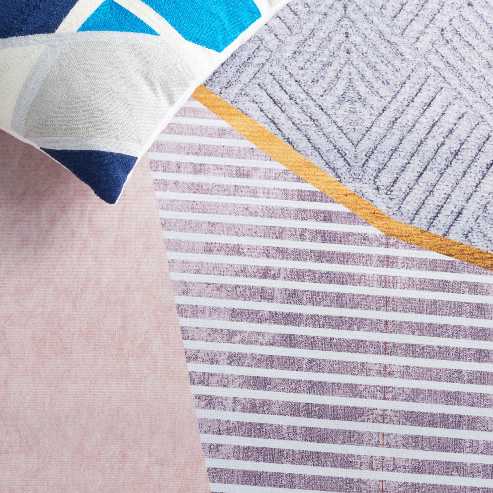 Soft geometric motif in beige, blue, and coral adds modern color to any room. || TAC834B-5 || detail_room
