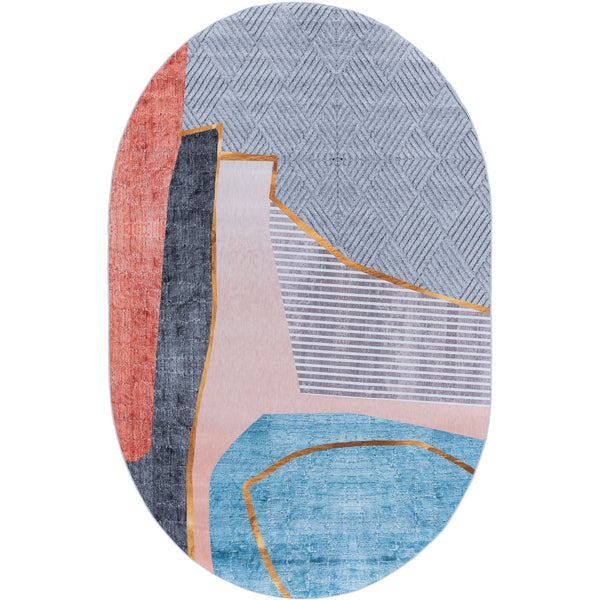 Oval washable rug with modern geometric blocks in beige, blue, and coral framed by gold accents || TAC834B-5OV || top_studio