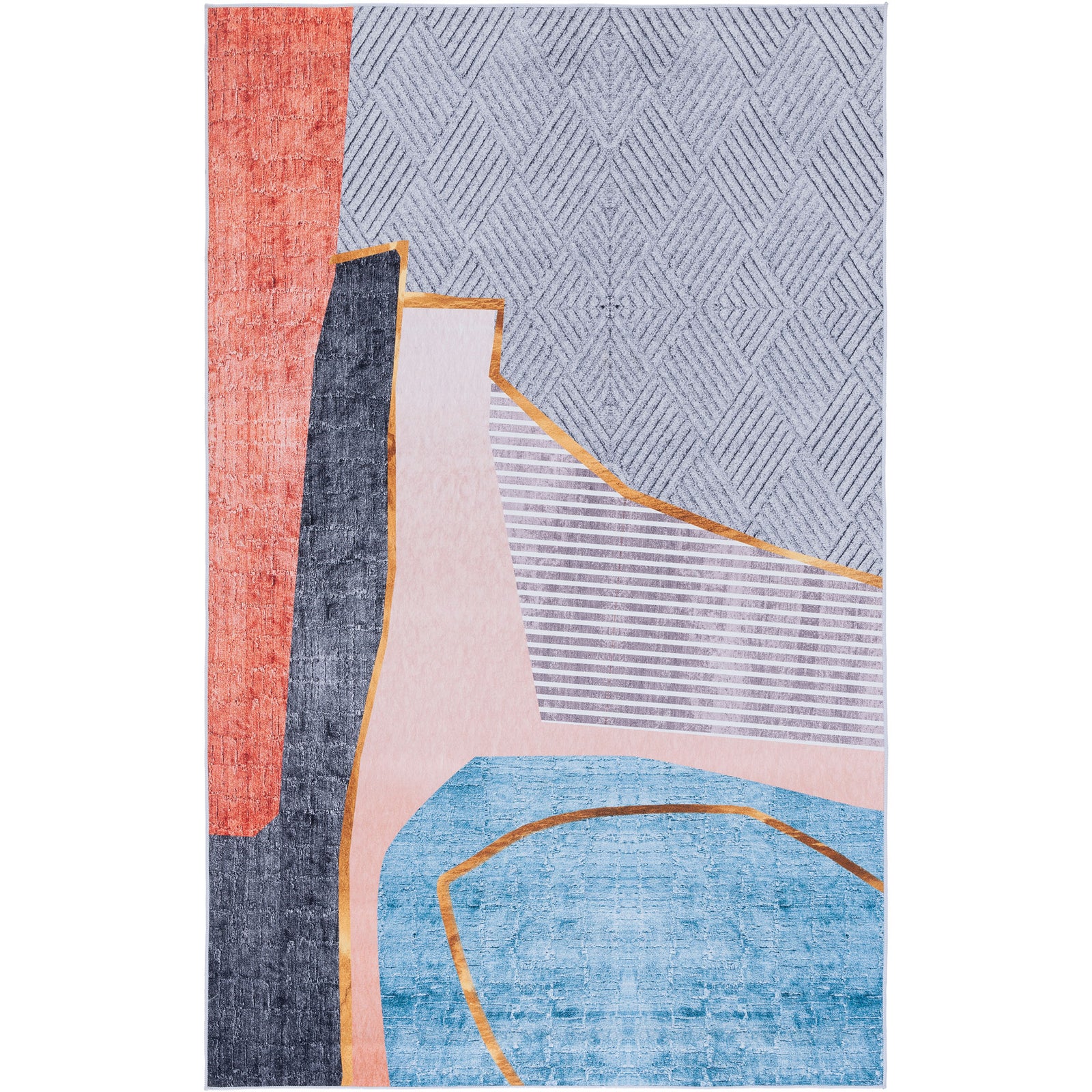 Modern geometric rug in beige, blue, and coral with crisp gold outlines and low-profile pile. || TAC834B-5 || top_studio